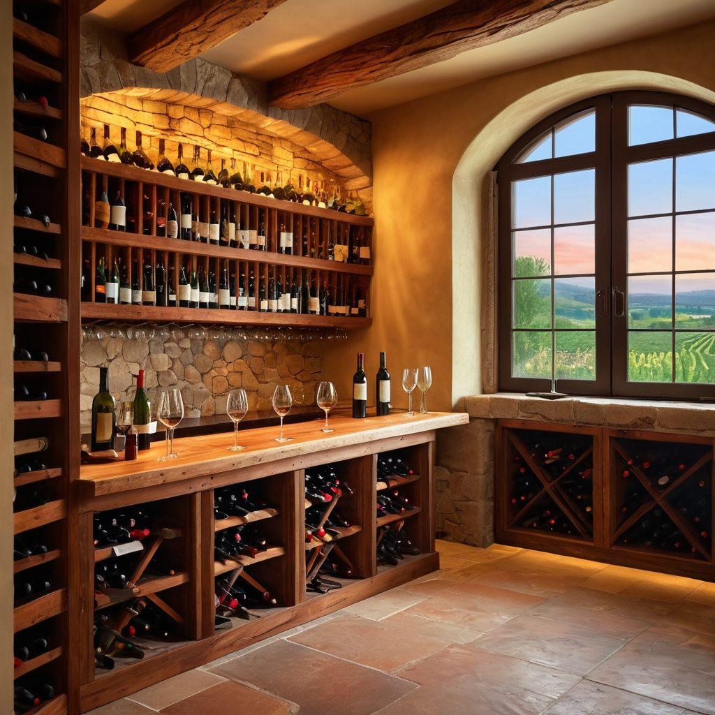 A cozy home wine cellar with wooden racks filled with various wine bottles, soft warm lighting illuminating the space. Include a rustic table with an open wine bottle and elegant wine glasses, along with a scenic view of a vineyard through a window in the background. Emphasize the warmth and allure of wine culture. super-realistic. vibrant colors. warm lighting.