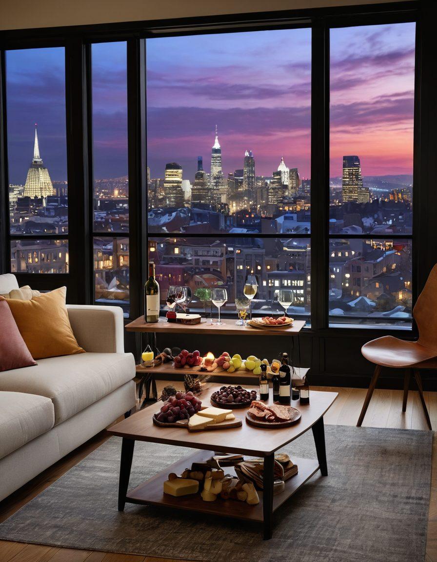 A cozy apartment interior featuring a stylish living room with a wine rack and a selection of different wine varietals displayed. A cheese and charcuterie board is elegantly arranged on the coffee table, with urban cityscape views through a window. Soft, ambient lighting creates a warm atmosphere, emphasizing the joy of wine living in a modern space. super-realistic. vibrant colors.