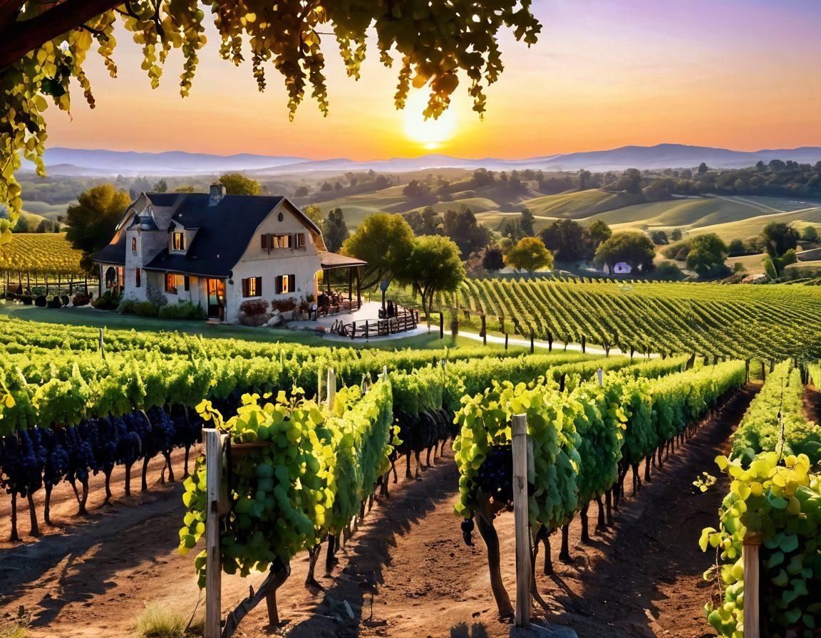 A picturesque vineyard landscape at sunset, featuring rows of grapevines laden with ripe grapes, with a charming winery nestled in the background. Include a wine tasting event in the foreground, showcasing elegantly dressed people enjoying wine and gourmet cheese. Ensure warm, inviting colors capture the essence of wine culture. super-realistic. vibrant colors.